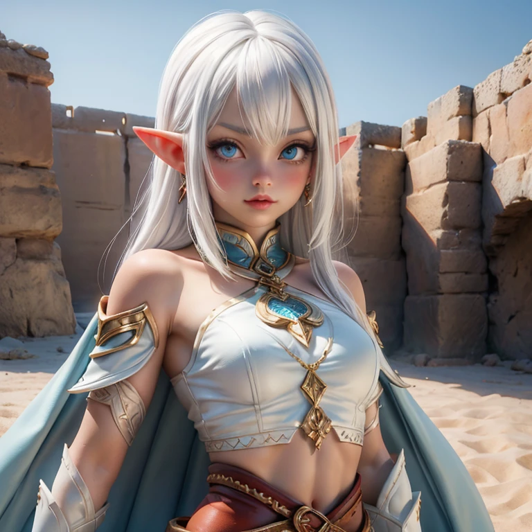 Ariel, upper body portrait, elf, white hair, beautiful, cute arabian clothes, warrior, midriff, fit, white hair, cowboy sho, desert background, realistic fantasy ,concept art