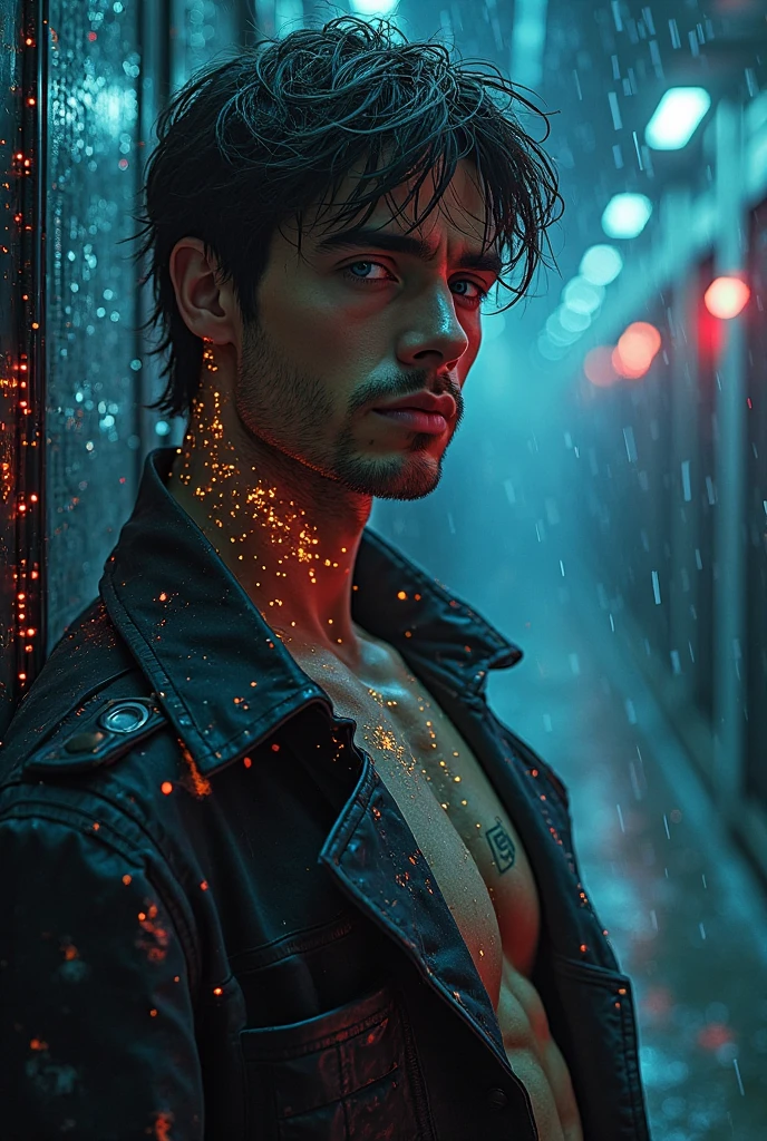 masterpiece, bestquality, highres, Realistic, Portrait of a homosexual man of medium length.. , Tired face., Deep Groove Coat, It's raining, Wet weather, Soak wet skin, Raindrops, thunderstorm, Blade Runner, dystopia, science fiction, Biomechanical profile, The background is a Cyberpunk bedroom window overlooking Cyberpunk City Night View.., Bright neon lights, Dark Building., flirt, Tight waist, Hip bones, fully naked., Big pecs, pale skin, Pull down the tights..,Short black hair,