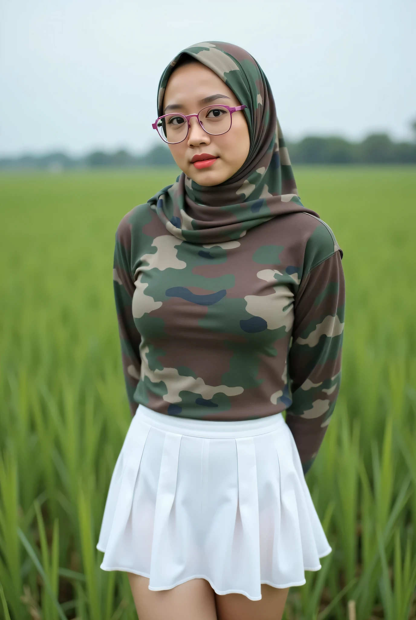 small, "Facial expression in silent", Wearing camouflage print hijab, (photorealistic:1.6) (Indonesian), background rice paddy. daytime atmosphere, don't put any rope! (Huge breasts:2.0)!, duduk di atas kerusi kaca, hands behind back while legs astride, Look from the front you are stupid!, wearing Fully translucent white tight dress closing center with mini pleated skirts. Wearing pink spectacles.