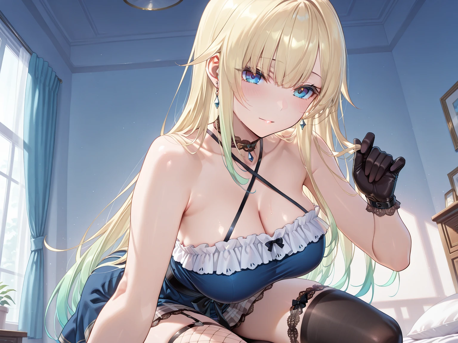best quality,Super detailed,Perfect limbs,floor、mini skirt,Clothes with intricate details,Bright,Swimsuit,one person,blond,Sexy、Deep sleep、long hair、Stockings