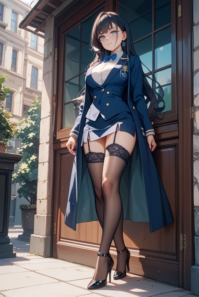 1个Giant Breast Girl,Purple colored hair,Long flowing hair,Qi bangs,Delicate and beautiful face,crisp breasts,Convex buttocks,Wearing a dark blue military uniform,Black tight short sleeves,dark blue short dress,black suspenders stockings,Dark blue sleeves,Dark blue high heels,beachside,Bald Eagle,Naval warships,American flag,perfectly proportioned, Cinematic lighting, filmgrain, Fuji colors, lightand shade contrast, 8K, 巨作, Textured skin, Super detail, high detal, High quality, A high resolution,