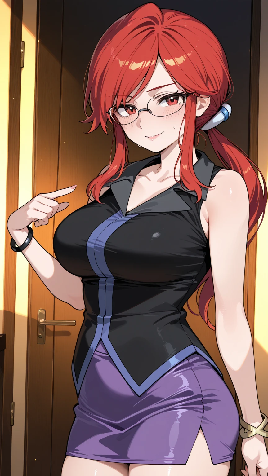 Adult girl with copper-orange hair with bunny ears, brown eyes and glasses, dressed as Deadpool. 