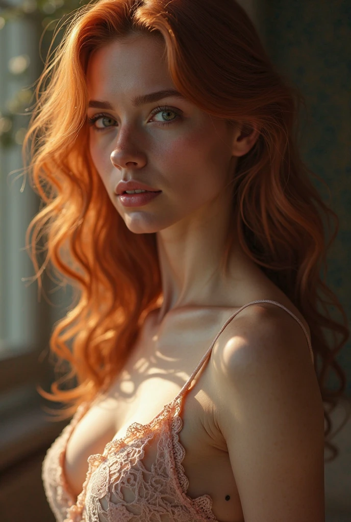 (full body shot:1) photorealistic image of a woman, ultrarealistic, photography, long red hair, woman, 24 years old, hourglass figure, perfect body, Flirty look, natural medium breasts, she is wearing a white Adhesive Bra