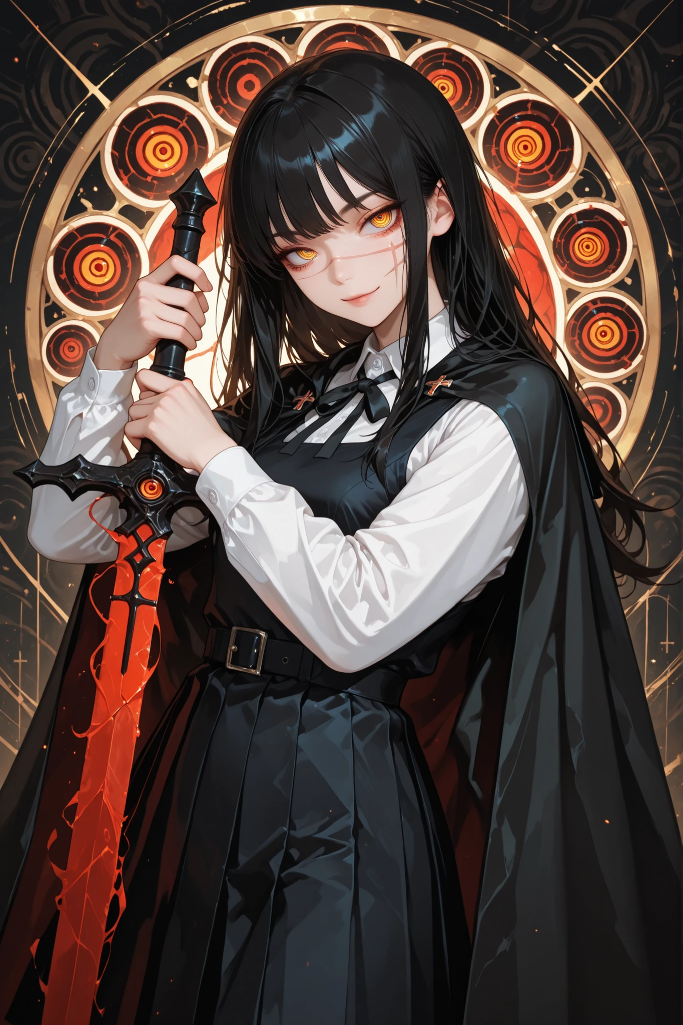 1 girl, yoru, scar on cheek, cross scar, long hair, black hair, yellow / red eyes, ringed eyes, school uniform, black dress, pinafore dress, sleeveless dress, white shirt, black ribbon, neck ribbon, long sleeves, black cape, abstract background, standing, looking at the viewer, detailed hands, holding a sword , attractive, seductive, dynamic pose, Dutch angle, slight smile, best quality, masterpiece, ultra detailed, very aesthetic