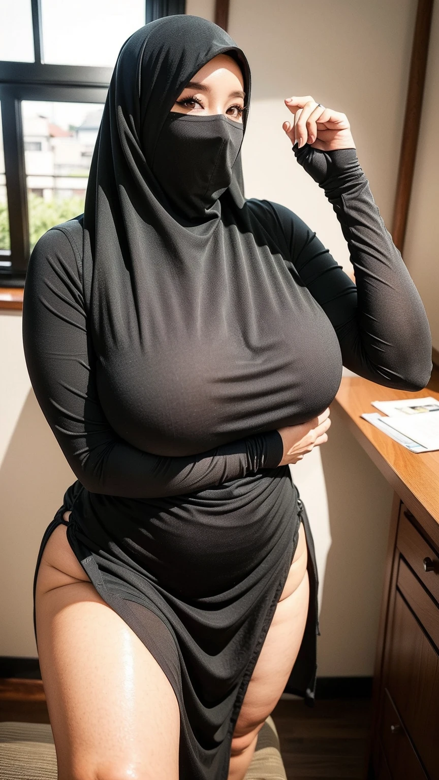 (wearing-hijab:1.4), ((ultra gigantic tits))), ((plump body shape)), ((Plump)), ((Nipple Exposed)), (Detailed description of face),(Detailed description of body), Fair and clear skin, matchless beauty, long legged,(Stockings),Beauty mole,(Sapphire Necklace),(mature royal Mother),(red-lips),(touch tits), (seducting smile), Facing the audience,Hand Lie On bed、Lie down on bed, dress、the royal palace、a bed、doress、see -through, wearing glasses, wearing t-shirt and thight pants , thick arm, thick thighs 