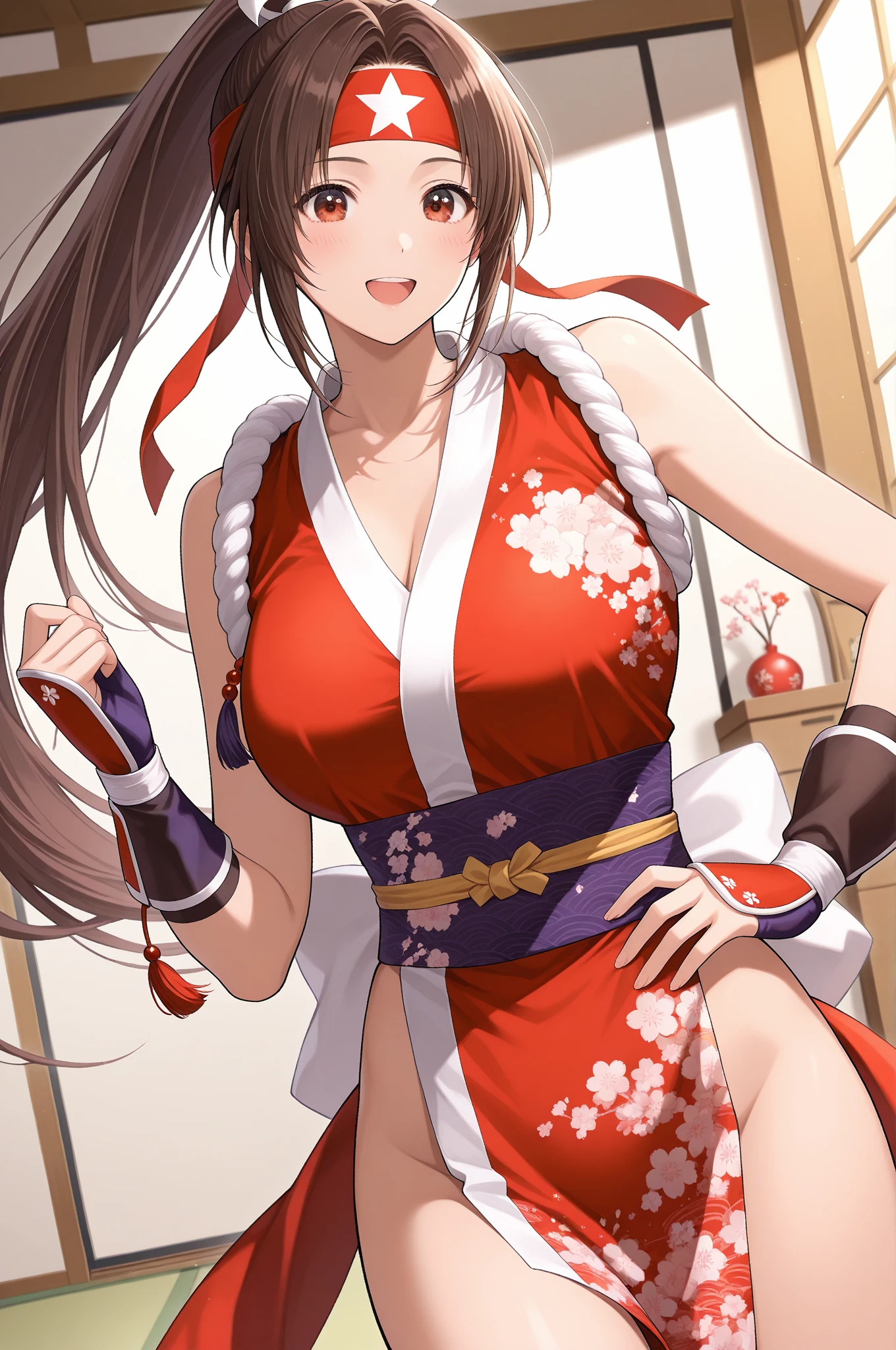 best quality, masterpiece, highres, solo, {zuikaku_azurlane:1.15}, long_hair, brown_hair, breasts, large_breasts, bangs, yellow_eyes, blush, cleavage, very_long_hair, hair_ornament, smile, collarbone, brown_eyes, ponytail, 1girl, dress, japanese_clothes, looking_at_viewer, sword, weapon, wide_sleeves, holding, holding_weapon, red_dress, holding_sword, katana, kimono