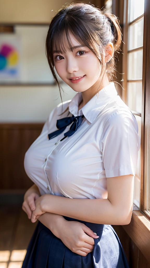 (Realistic: 1.2, Highest quality, In 8K,Wetty:1.3 ), ( 18-year-old, K-POPアイドル、 Sweat: 1.1, Wet:1.1、Cleavage、Large Breasts:1.5、Brown Hair), Fine skin, (Cinema Lighting), Soft Light, double eyelid, ((Excited、Sexy、Bust up shot、Pheromones、On all fours in a school classroom))(One Girl)、huge 、Proudly、Sunburn、Expose the muscles、Sweat muscles、Baby Face、Swimwear、underwear、((Beautiful upturned breasts))、The shirt buttons are not closed、Short black hair、Breasts sag