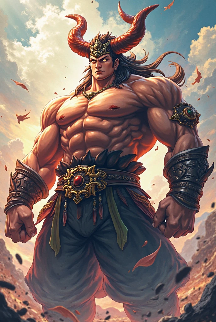 Realistic,Hot muscular Male concubine in the Han dynasty on his knees with legs spread apart, wearing an ancient revealing Chinese dress with a tight thong a huge bulge with long silky hair and masculine features with a serious face looking at the ground.Battle scars