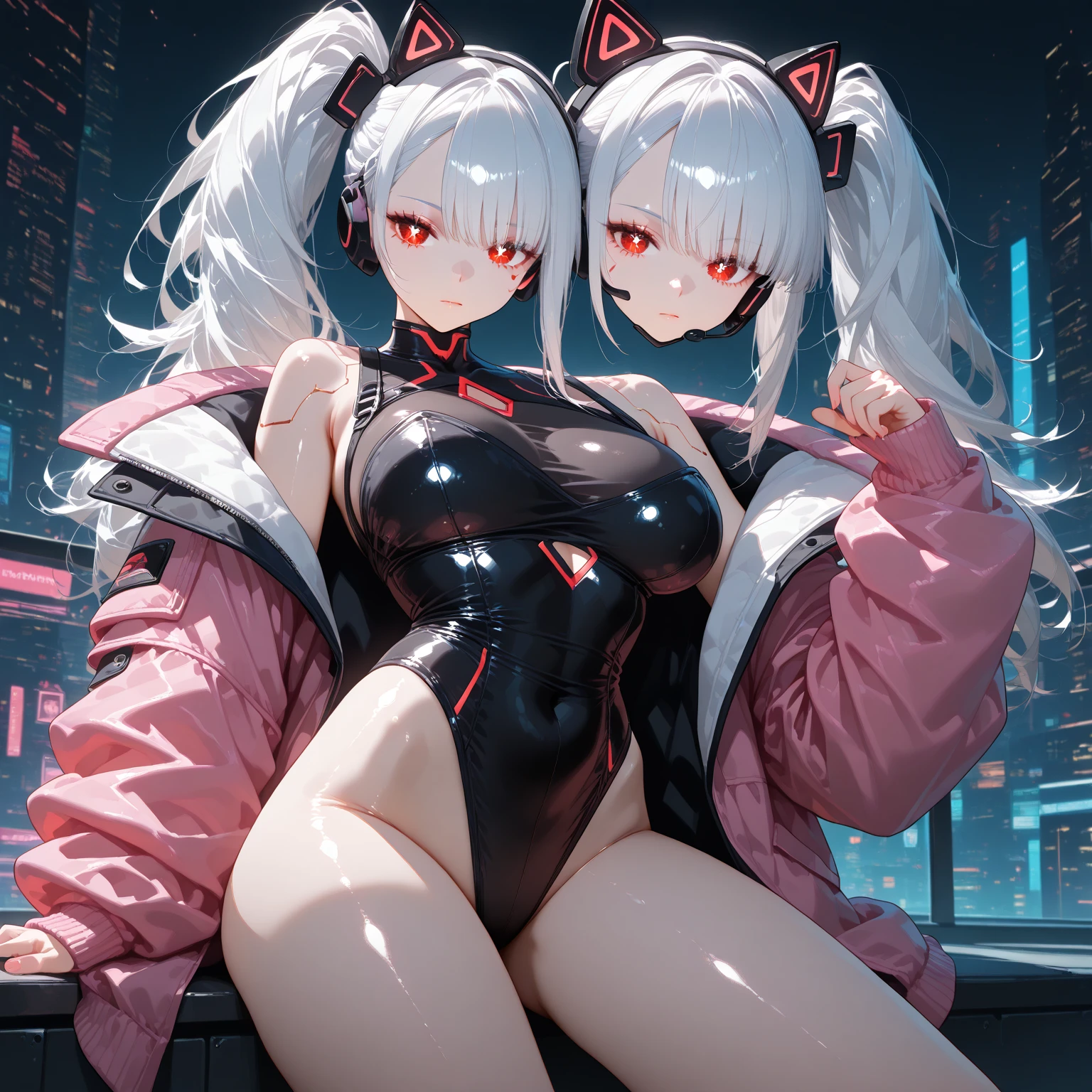 (Absurd Resolution:1.2), (ultra delicate:1.2), (masterpiece:1.2), (Photorealistic), (top-quality), (A girl and Wolf Robot, Sitting next to each other in the center of the image), futuristic cyberpunk setting, intricate details, BREAK (cute 1girl), (), (finely detailed eyes and finely detailed face:1.2), BREAK (ultra fine-blue-cute-eyes:1.3), (Expression ultra detailed glowing Pupil), (ultra detailed Expression eyelashes), (ultra delicate Long Straight Hair white hair, hairs between eyes), (beautiful Glossy lips), BREAK (slim body and gigantic breasts:1.3), narrow waist, leggy, curvy is body without muscles, (Shiny realistic pale skin texture:1.2), (sweaty skin:1.0), precise anatomy, (4 defined fingers), (1 defined t thumb), breathtaking expression, BREAK (intricate black-Mechanical-Armor-dress, bare-Thighs:1.2), glowing energy orbs, glowing halo, BREAK Seductive pose, (Crisp focus, eye focus:1.2), (full body shot, shoot from front, high angle shot), BREAK cinematic composition, vibrant colors, A Wolf Robot sits next to the girl, watching over her, A combat weapon,