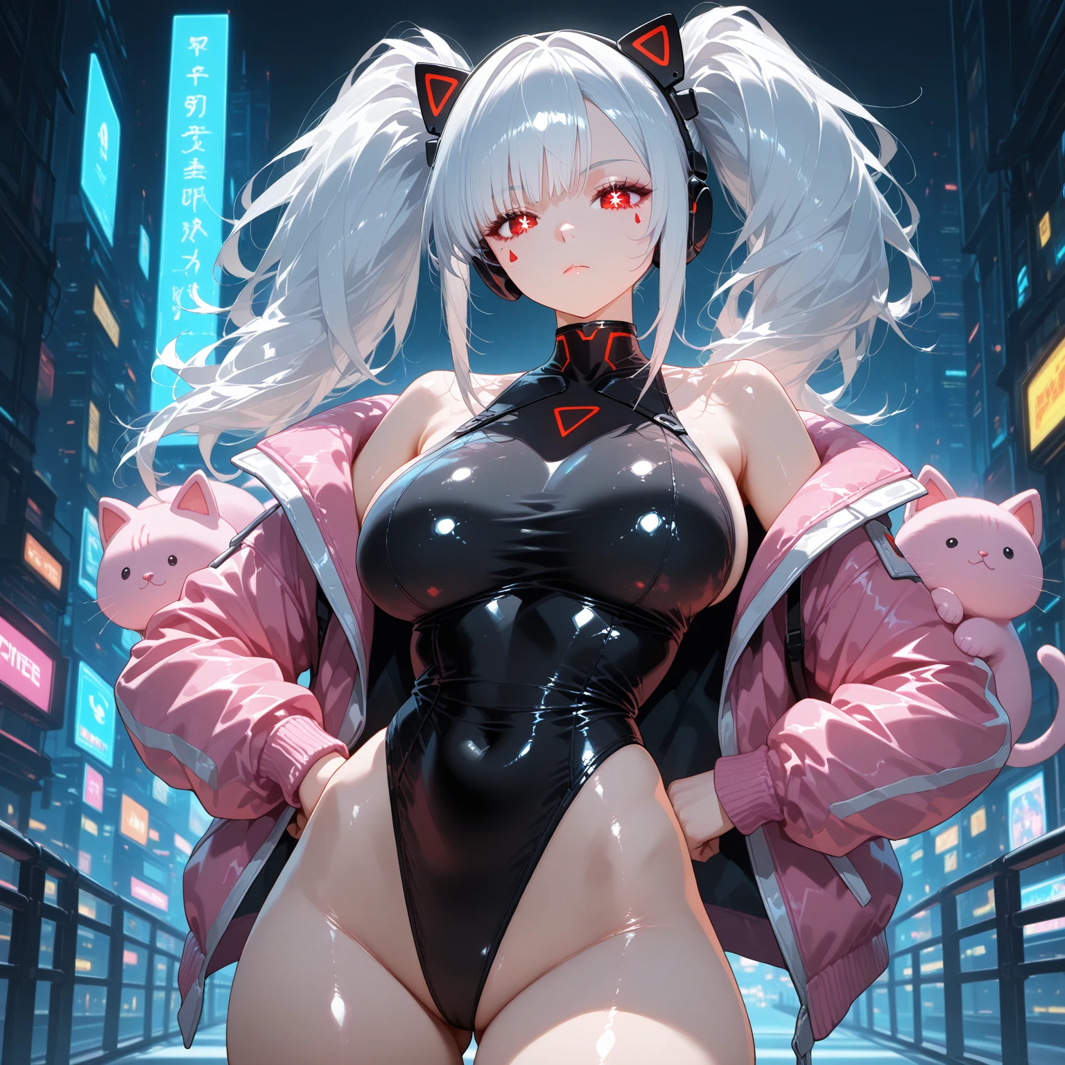 1 girl, narrow waist, silver hair, blue eyes, huge breasts, thighs, make up, Red lips, jewelry, black bodysuit with latex print, armor, Science fiction, hair ornament, cowboy shot, standing, straight, outdoor, (evening:1.2), panoramic view, cyberpunk, city, realist, Photo \(half\), Photo background, realist skin texture, detailed background, beautiful and detailed works of art,