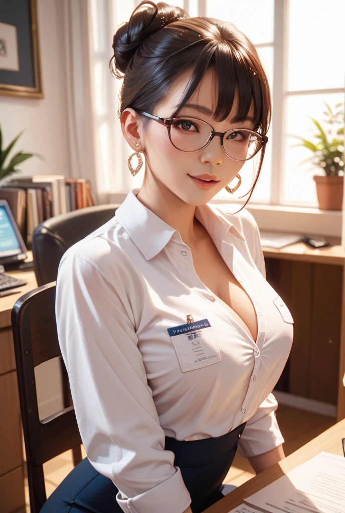 （1个Giant Breast Girl，tmasterpiece，best qualtiy，ultra - detailed，illustratio，Fine and detailed eyes and detailed face）garments：Suit pants，Tight white blouse，Vera， allure：Neat low bun short black hair，Natural makeup，（Purple eye：1.05），White glasses，Wide buttock，medium boob，Cleavage is seductive，maternal，at_The_vd_Office，looking at viewert，curvy build，Raised sexy，full bodyesbian，Madam CEO，（a matural female，A MILF：1.1），独奏，（curves：1.1），熟妇， Modern office background，