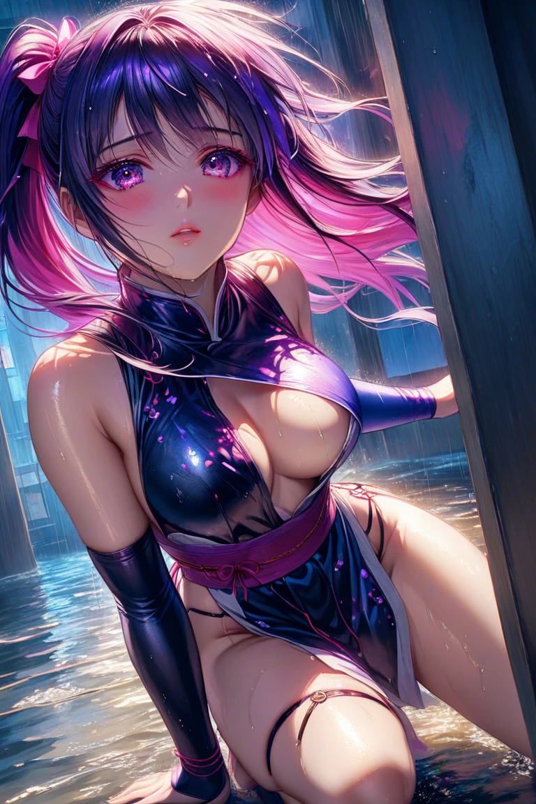 1 girl, smile, Wide Hips, Huge , Excellent asset quality, 8k, The pieces fly: 1.3), Clear focus: 1.2, Perfect Body Beauty: 1.4, Thin abdominal muscles: 1.2, Highly detailed face and skin texture, Beautiful Eyes, double eyelid、Long wet black hair), (Wet body :1.Purple high waisted sequined bikini :1.3), In the pool, (At night), Neon Light、Yui Asian 、(((Black hair color、Earrings、Ear Cuff))), (((Breathless face、orgasm、Ahegao、Open your mouth, Sticking out tongue and drooling)))、Narrow waist、Big and beautiful legs、