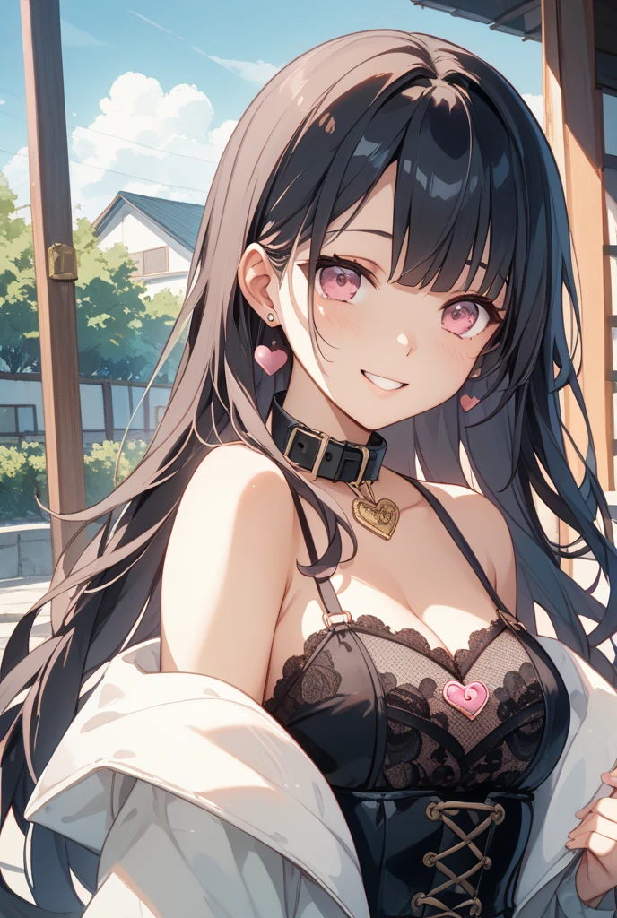 (masterpiece), (best quality), highly detailed, absurdres, very aesthetic, soft light, 1girl, (loli:1.2), small breasts, (black hair:1.2), twintails, full bangs, (closed eyes:1.5), (black lace bra:1.2), (pleated plaid skirt:1.1), hair ribbon, off shoulder, (pink jacket:1.2), choker, smile, outdoors, park,