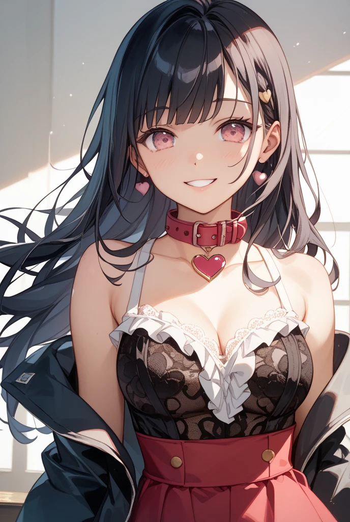 looking at the viewer, 1 girl, open your mouth, smile, Virtual YouTuber、with a girl、((highest quality, expensive_solve, clear_image)),(black hair), (black cat ears), (Ahoge), (ridiculously short hair), (wavy hair), (blue eyes),、laughter、very big breasts,valentine's day、stuck out tongue