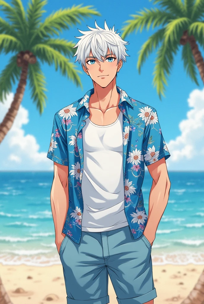 illustration style, cute boy, silver-haired blue-eyed rabbit ears, solo, rabbit ears, rabbit ears, sunny moonlit night, leisurely, sunny night sky, pool relaxation, gaming pool, inflatable float, carefree atmosphere, refreshing water, friendly, half pants, aloha shirt, open shirt, male body, refreshing water, gentle ripples, comfortable relaxation, tropical palm trees, Night sky, lazy night, quiet oasis,