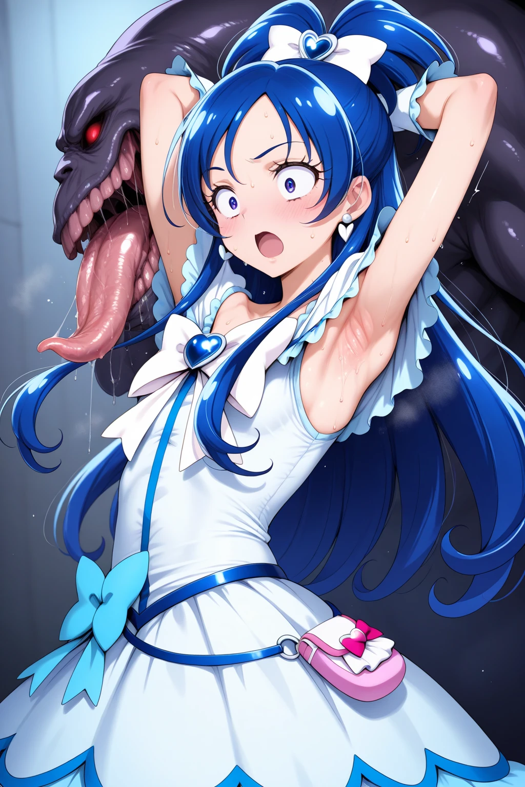 (She is suffering from being bitten on the arm by a monster:1.8)、Cure White,hair ribbon,Chest ribbon,big ribbon, mini skirt, white choker, thigh straps, elbow gloves, heart brooch,Heart Earrings,detailed hair and outfit, long flowing dark blue hair, white and blue frilly dress, white gloves and boots, blushing, feeling pain, suffering from arm being bitten by enemy, dynamic and intense scene, background with sound waves, eyes closed, masterpiece, best quality, highly detailed background, perfect lighting, (beautiful, best quality: 1.1), masterpiece, perfect eyes, (beautiful), (erotic: 1.2)
