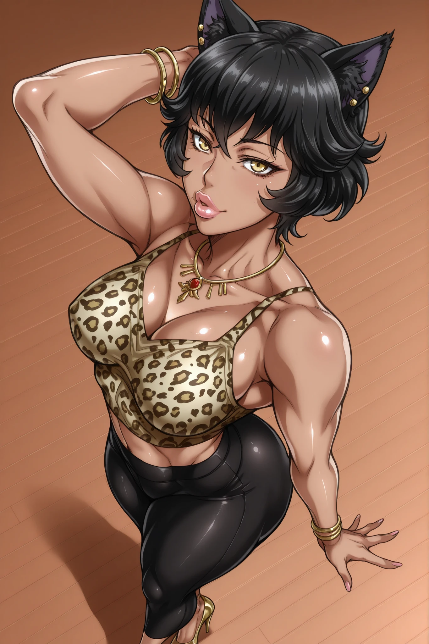 (tan skin:1.4),andou hiroyuki style, yellow leopard-print top, jewelry , yoga pants, tan lips ,(masterpiece,best quality,ultra_detailed,highres,absurdres:1.2,amazing quality,very aesthetic),source_anime, regular sized head, 1girl, solo, milf, mature older woman, kali belladonna from rwby, pierced cat ears, pixie cut, (big thick lips),very short hair, black hair, small_medium breasts, wide standing pose, above view, high heels, jewelry,