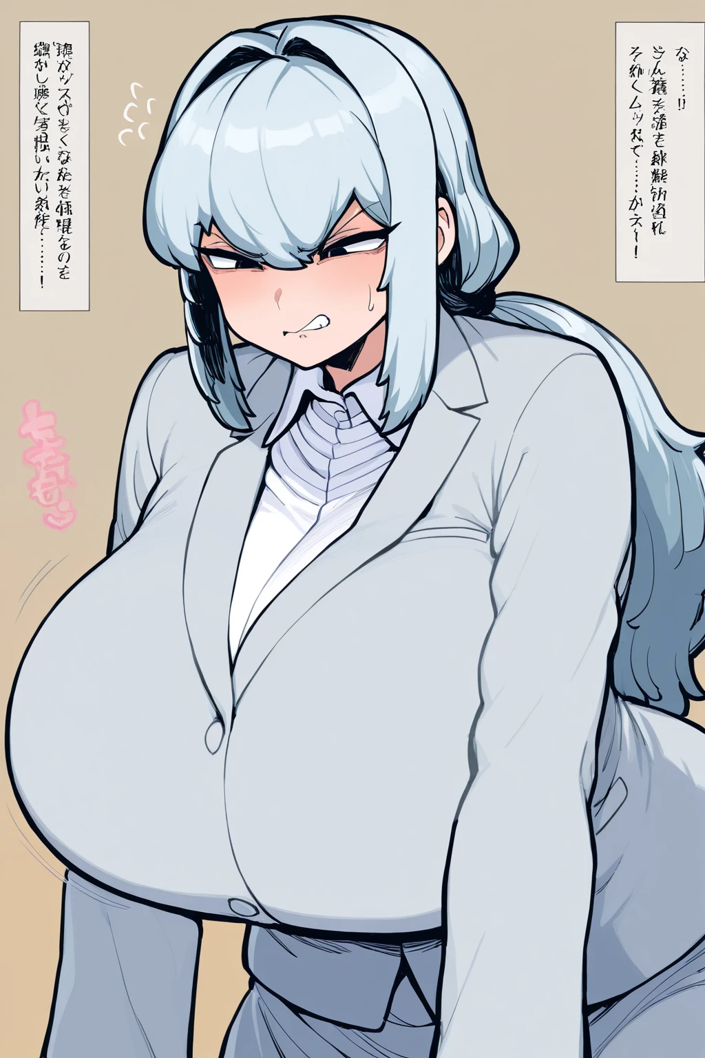 masterpiece, 1 girl, alone, Shortcuts, , Niijima Sae (Person 5)、Big Breasts, Mature Woman, Glare,Sharp Eyes, Silver Hair、Lilac eyes, Empty Eyes LoRA / Utsurome / Hypnotic Suggestion,White office suit,White blouse,Pink tight skirt, Pose standing thigh sex,Thick thighs, Hypnosis Pendulum,Hypnotic state, Hypnosis Pendulum / Coin on String / Saimin,Drooling,Drooling from the mouth,Hypnotic stateの目,Cross-eyed,Sticking out tongue,Sweaty,Stuffy stuffiness,全身Sweaty