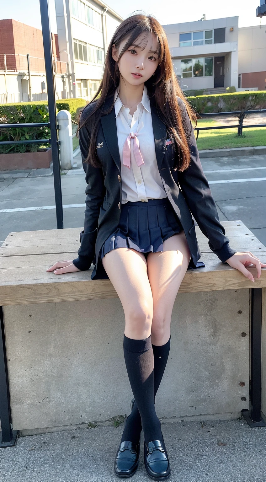 alone, solo, underwear, photo of 20 year old woman, hard, cute, panties, Japan woman ((kpop idol)), small, flat breasts, round glasses, full body, anger, lace panties, sitting, panty shot, spread legs, skirt, uniform, purple colored panties, socks, black hair, shirt, blur, blurred background, blue shirt, loafers, realistic, low ponytail, brown eyes, black socks, bow tie, pleated skirt, bow, headrest, sideways, outdoor, brown footwear, masterpiece, top quality, super detail,