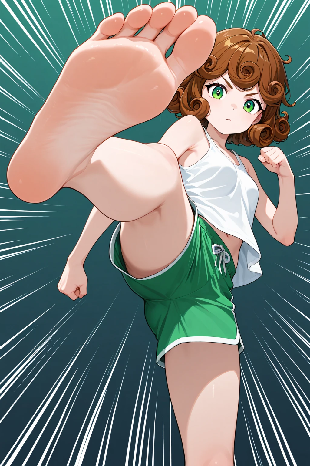 masterpiece, best quality, highres, hmochako, blush stickers, short hair, extra small breasts, pink lingerie croptop, open-toe platform high heels, tight booty shorts, smile, open mouth, sunny sky, posing, legs spread apart