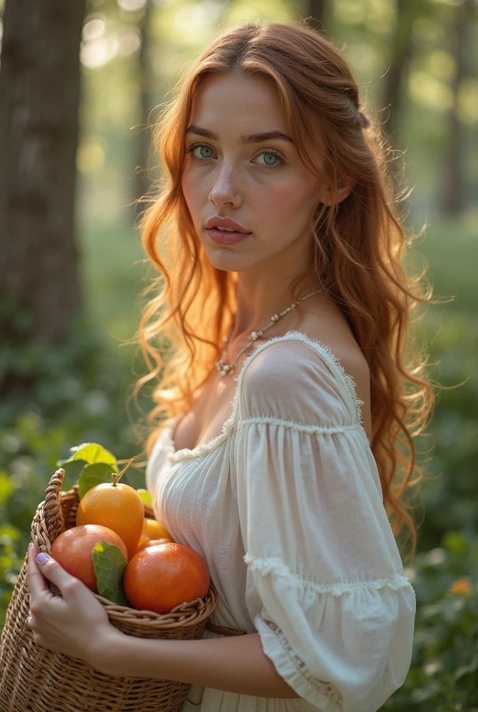 Beautiful girl with wavy long hair, bohemian dress, harvest the crops