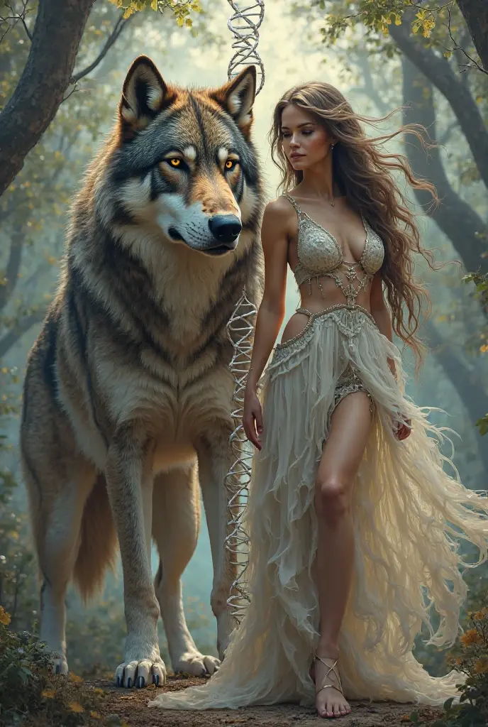 A curly haired India in the forest with a wolf