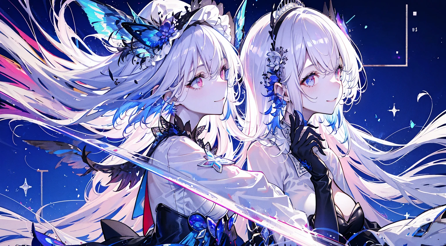 2 people、Mature、Ample breasts、Long Hair、Long eyelashes、White hair and purple hair、Idol Group、2 people組み、Diva、Open Mouth、sing、Back to Back、Live Stage、Black costume、Lace fabric、Shoulder Bare、Miniskirt、choker、Earrings、bracelet、Hold the microphone、Butterflies fluttering、Spotlight、Night view、Downtown、A seductive smile、Eyeshadow on the outer corner of the eye、smile、cool、High resolution、Highest quality