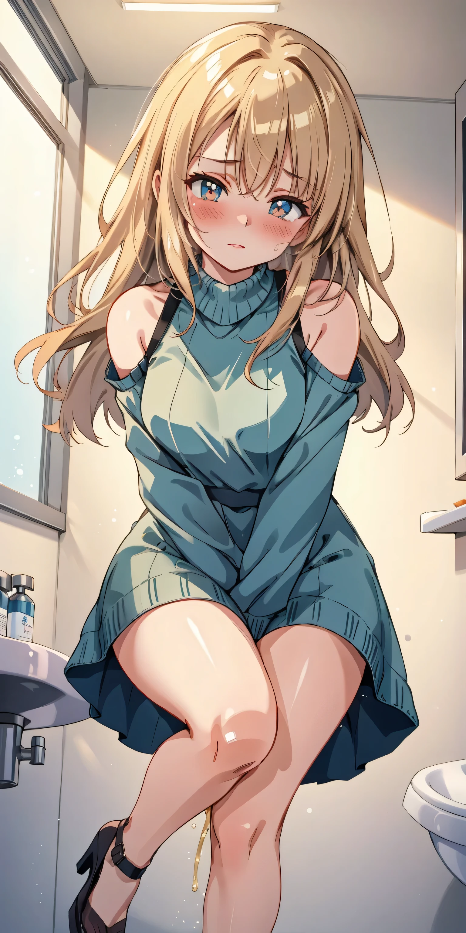1girl, young , medium breast , green eyes, dark starry print hair, very long hair , hair spread out, wavy hair , hair between eyes, sideburns , gasping, , head_tilt standing , bare legs soles focus,  , white  long sleeve, sweater , high socks, school bag, extremely quality extremely detailed, illustration, contrapposto, cute anime face cinematic lighting cinematic angle, no_pants, underwear,panties,white_panties