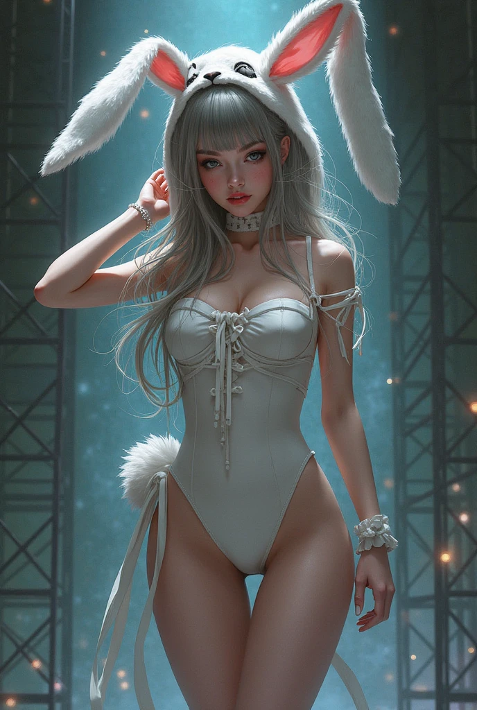 (official art, unity 8k wallpaper, ultra detailed, beautiful and aesthetic, masterpiece ,best quality, photorealistic:1.3),(sexy bunny girl),  (wearing bunny outfit),(moon),camel-toe, slim, full body, beautiful figure, shiny skin, Ultra-detailed face, Detailed eyes, lustrous lips, Professional lighting,