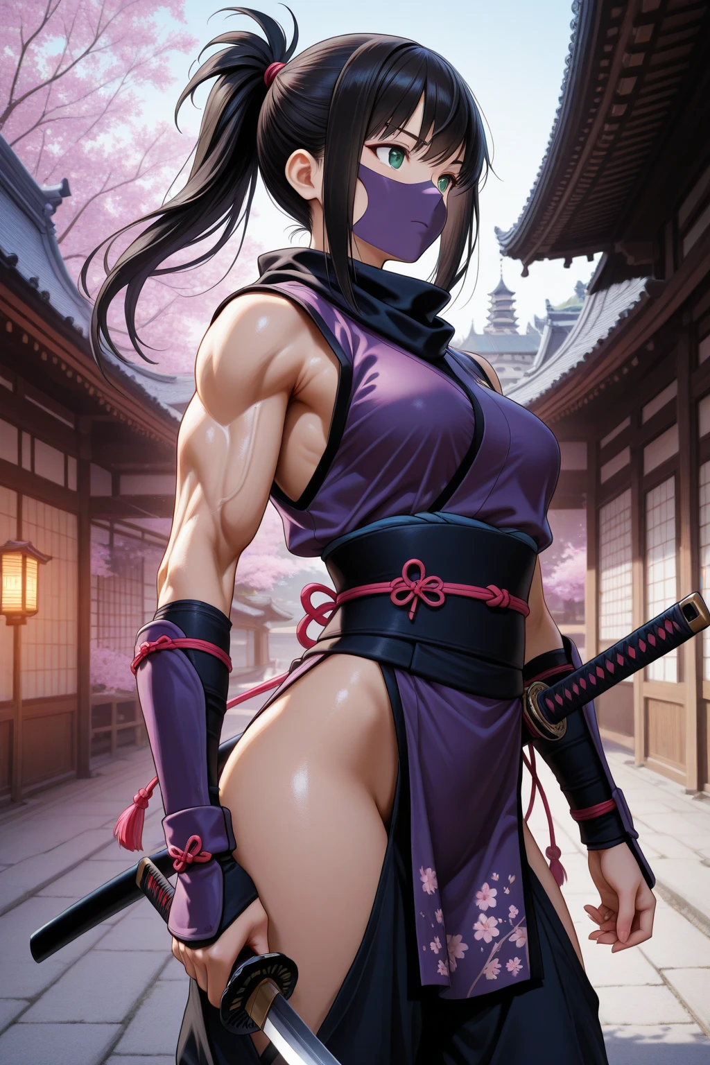 ((NFSW:1.6)), ((Seductive Ninja Woman:1.6))、(Long black hair、Purple Eyes)、((tight black and red ninja outfit、Exposed shoulders and back、Ninja Tool Pouch、Toned figure))、Confident expression、Fighting pose with kunai、Moonlit night view of Konohagakure Village、Realistic anime style、(A big shiny tattoo on his back:1.6),