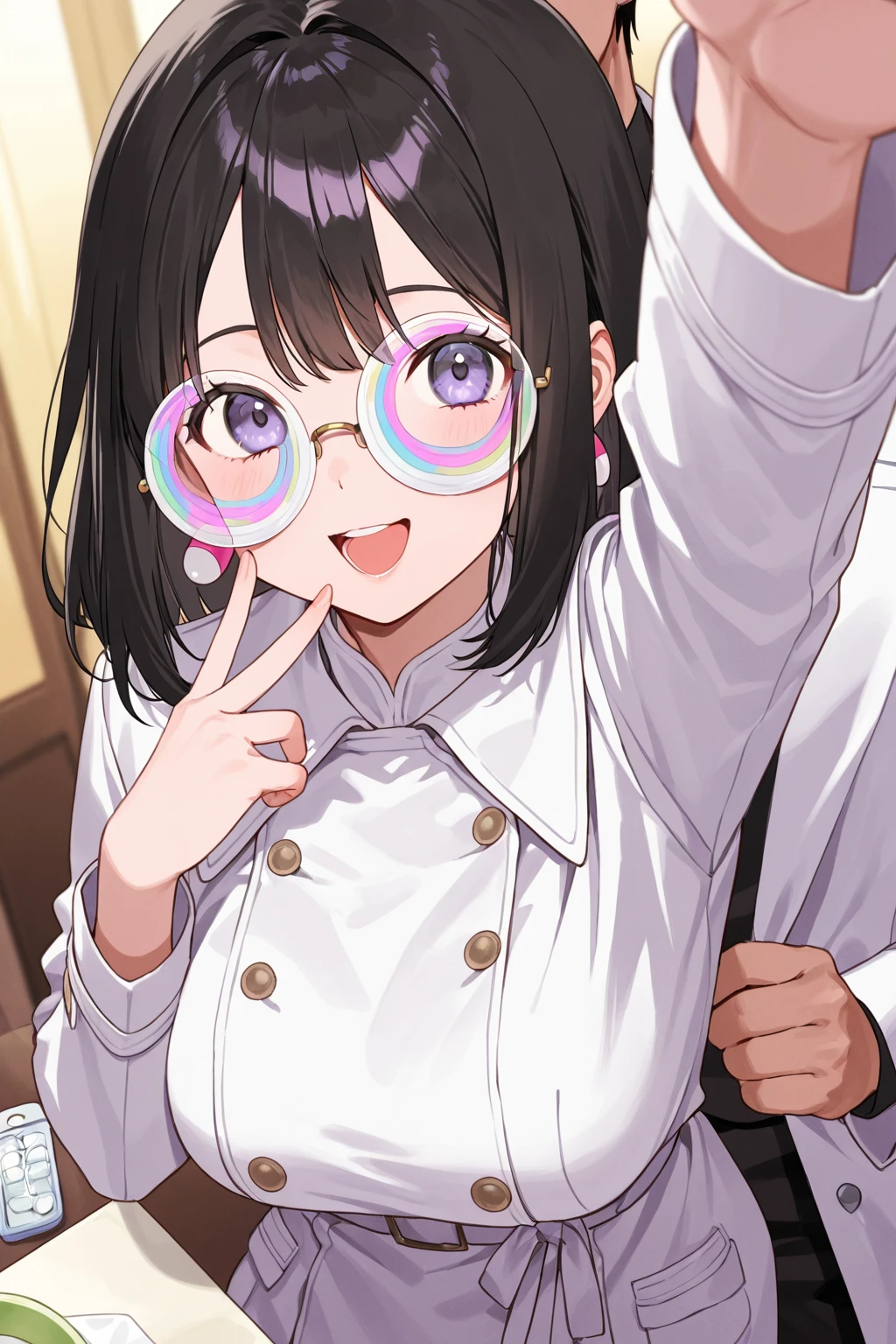 1boy,1woman,mature woman,blowjob,woman,black hair,woman focus,sweaty,,bow tie,dress shirt,,at nightclub,cum,detailed skin,happy,short hair,looking at viewer,teary eyes, in mouth,pov blowjob,(peace sign),glasses,pov