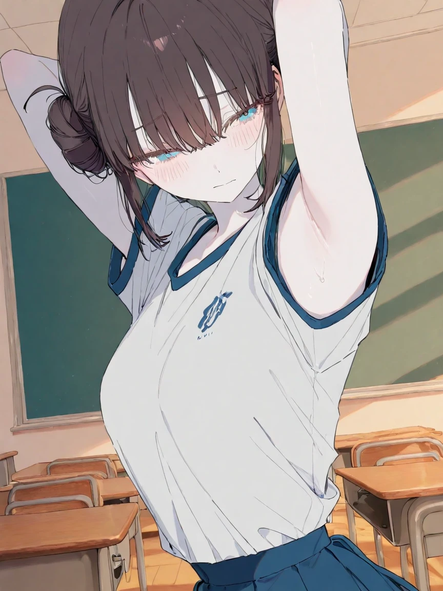 (1 female), short bob, 18 years old, Japanese, brown eyes, brown hair, slim, (flat chest), high school girl, classroom, see-through T-shirt: 1.5, (mint green bra: 0.6), bra visible through clothes,