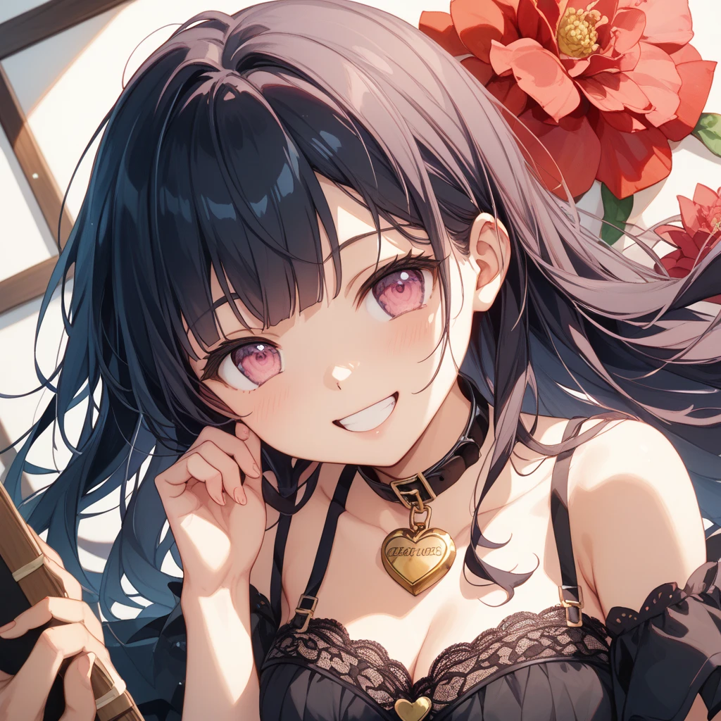 The background is a flower field、Long black hair、Black Eyed Woman、Face close-up、smile、Feminine clothes