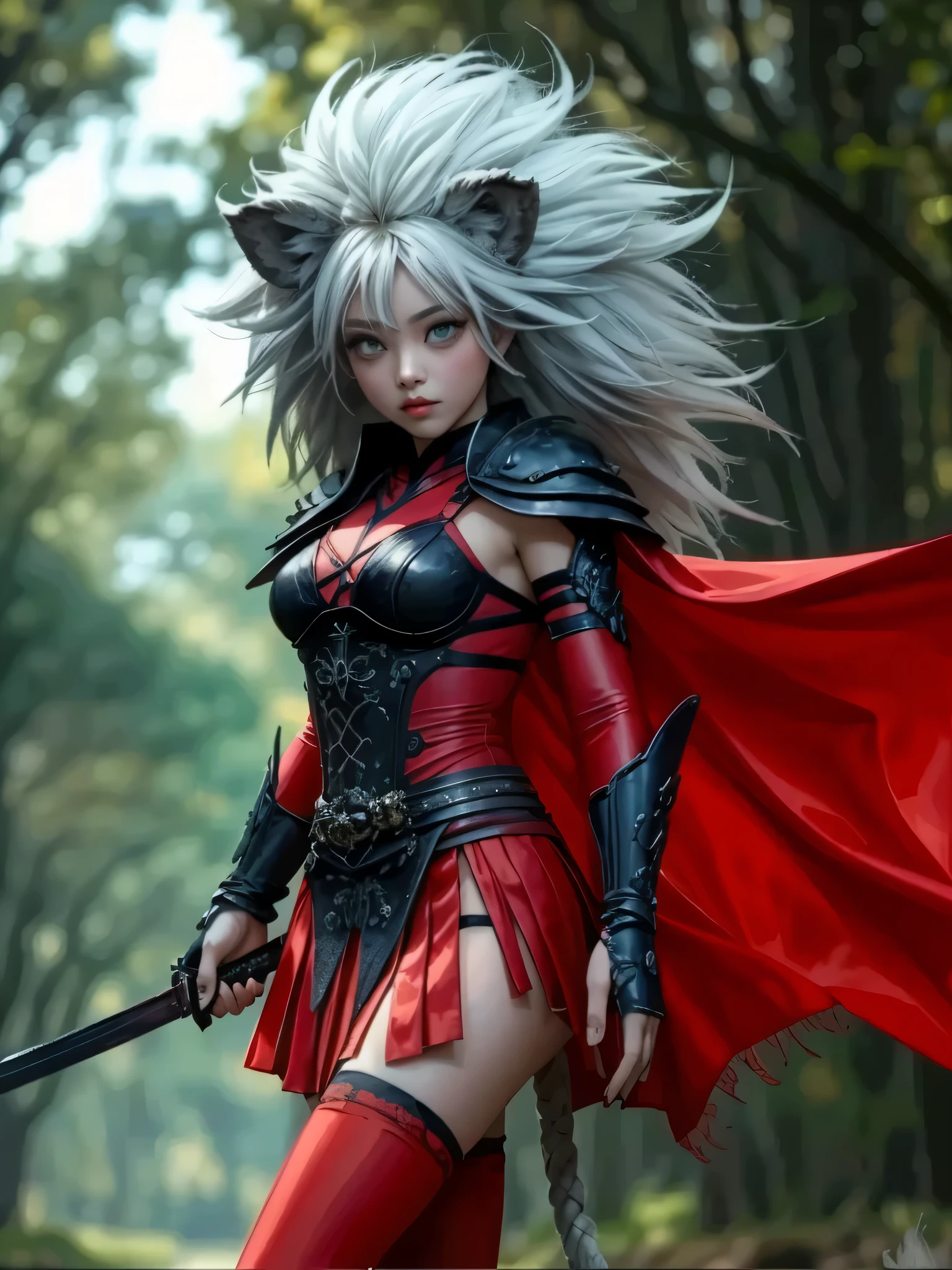 ((Highly accurate drawing across the details) Extremely accurate depiction )[high res],((realistic texture expression)),(Clear and precise illustrations),(Very fine and precise drawing ),(Delicate lines with slow speed)[[Beautifully color-tressed main lines]],(Forest Road Background[Hiroleaf forest])[Forest with No Traffic][tree々Sunlight Leaking Through Gaps][[Japanese Scenery]],[[HENTAI][ ANIMATED]Lion Girl[Half Beast Man]]([[asian]beautiful Japanese girl]JapaneseGirl[COOLBEAUTY[red eyeshadow][Is a Beautiful, Fiery Girl]](14 years old))(Wild Hair Like a Hyena[gray hair])[[Clear White Skin]](muscular[ Slender Physique ])[Strong Thigh],(Jet black body armor(胴鎧[pleated skirt armor])(Long Cape[ fringe ])[Red Fitting Leather Suit[Patent leather][ mesh pattern (Lock the curtains)]][black lace up boots][Tack][[Decorations with the Image of Fire]],[Sexy lingerie](Ninja Girl[Ninja Swordsman])[Lacquer sheen](Artistic Decorative Expression[Japanese pattern](Traditional Beauty))[heroic],gravure[Fetishist Eros][posing[Bushido]][Soft ambient light(Transparency)],(Intricate and beautiful decoration[High-density detail]),(Fine, and beautiful skin expression[Transparencyのあるリアルな皮膚テクスチャ]),(beautiful eyes drawn with precision detail[Clear Big Eye Contours])[[深いTransparency][Sharply defined pupils](Iris Like a Gem that Intricate Reflects Light)((beautiful eyes drawn clearly in every detail))]),[[Eye Light]],[Long and beautiful eyelashes],[Soft looking lips[Slightly Wet Luster]],[[Uncluttered hairstyle]Precisely Drawn Hair One by One[美しく艷やかな髪のdetails]],(完璧な手のdetails[Beautiful fingers without flaws[Beautiful nails]]),[[[[Beautiful navel]リアルな臍のdetails]]],(Perfect Anatomy(Perfectly balanced proportions))[[full body view:0.3]],[[Highly constructed design[The golden ratio]]][Ideal Colors Coordination(Accurate Simulation of Interactions between Light and Materials)[Beautiful and vivid color(Moderately Soft Contrast Balance)[Soft chroma]]],([precise details][HighQuality]high res(details(High precision in selection))),[[Soft ambient light[soft focus to hold back the pubic area]]],[[photorealistic]],[[Deep coloring like thick paint(Transparency)]][Narrative Visual Art][[full body view:0.4]][Colorful],[[personalization]](High-density drawing expressions)(最high res).