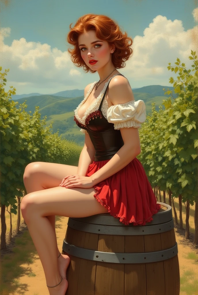 Charley.atwell, sitting on the chair, vintage,  ((retro pin up style)), red and yellow sexy lingerie, brown hair, ((outdoors)), (masterpiece:1.4), (best quality:1.4), retro vintage pin-up style, extremely detailed, intricate, hyper-detailed, illustration, soft lighting, 20 years old girl,  Blonde hair, doted skirt, bend_over, grin, (perfect_face), sitting, bad, ornate, intricate, dramatic lighting, 4k, detailed_background, caustics, full_body, digital_illustration