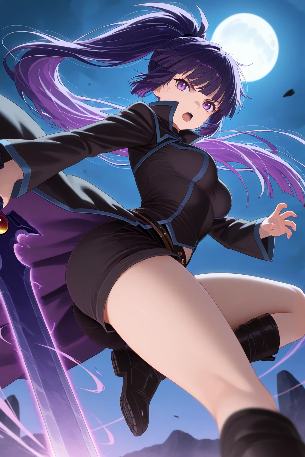 sadistic young woman in a fancy mansion, surreal lighting, latex skirt, (long black hair, light blue eyes, purple clothing,) holding a whip, ((view from below subject))