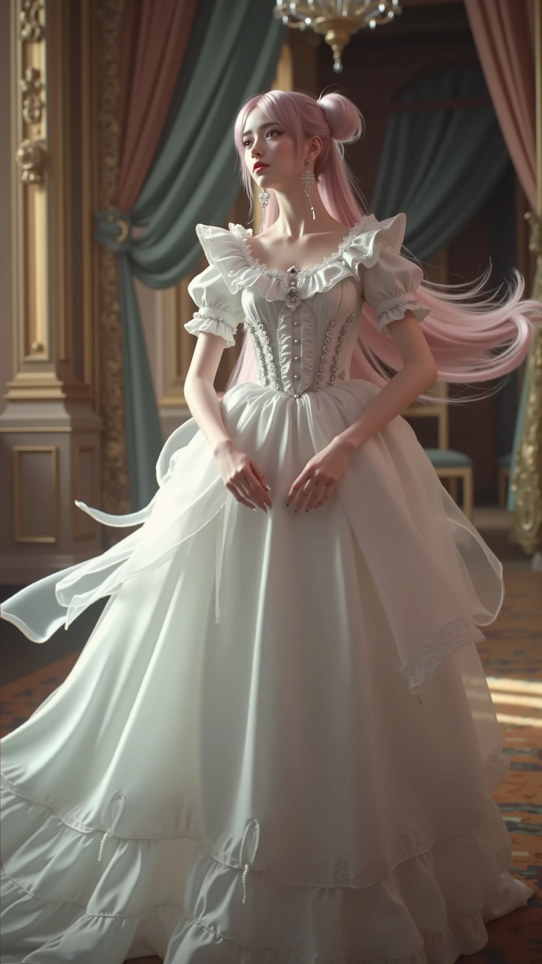 White Blonde hair, fluffy hair, stylish hair, long hair, lilac eyes, perfect eyes, beautiful, perfect face, tween, dainty , short, kind, , a flowing pale airy gown with ruffles along the bottom with tiny pink flowers and gold dragon embroideries with flowers, Her tiara had a pretty teal gemstones, silver necklace, noble class, royal, royalty, red castle, feasting hall, medieval, elegant surroundings, soft dewy makeup look, light peach blush, soft tan eyeshadow, light coral lipstick, cutesy, girlish, girly, guileless, ingénue, princess , whimsical lighting, Targaryen, dragons in the sky, photorealistic
