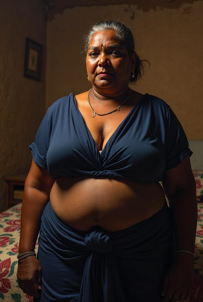 An elderly black woman. With 67,  with a suffering facial expression and strong features containing a large nose and thick eyebrows. She weighs 60 kilos, 167 centimeters tall, thick legs and very large breasts with size 48 and saggy, with long black hair. she is naked, wearing prescription glasses and flip flops. She is seen in full body standing next to a bed in a humble room at night with the lighting dimmed.