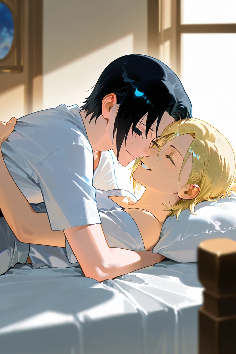 ((best quality)), ((work of art)), ((detailed)), man with white hair, casual clothes, kissing a woman with brown hair and bangs, wearing a white dress, in a flowered park
