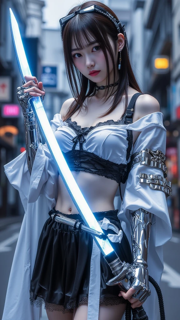 highest quality、surreal、perfect anatomy、crowded downtown area、Wet and shiny white skin、model body shape、micro bikini、Sweat dripping all over the body、rainbow hair、Super small face、blush、Ahegao、Natural lighting、Surrounded by spectators、Crowd、Photo session、Cleavage、Cyberpunk City、Neon lights、sword、Rubber Suit、