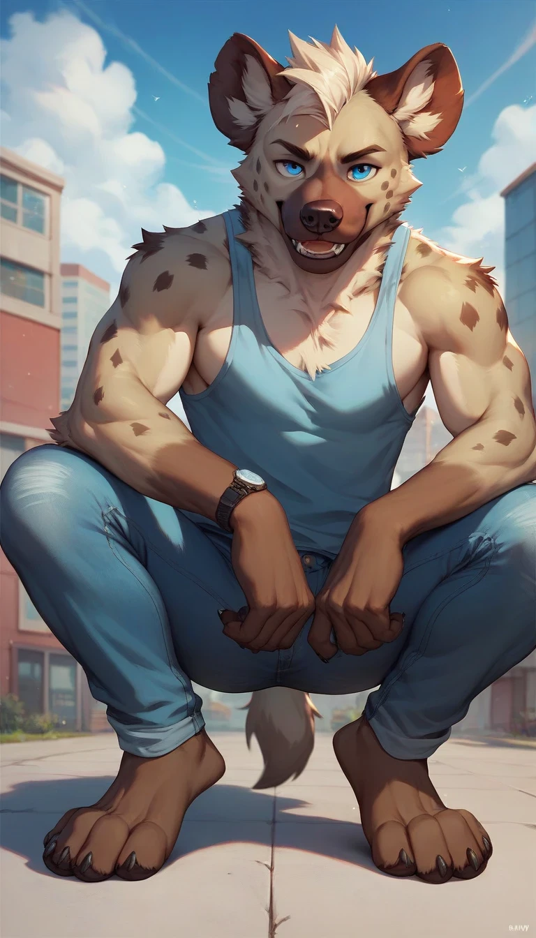 (lower camera angle, dramatic pose, looking down at viewer), (masterpiece,high quality), solo,furry,mature male,male focus, (by waspsalad:1.1), by photonoko, by sallyhot, by skygracer:0.4, solo, (anthro,mature male boy shiba inu,(chibi:0.3), ((beige fur)), amber eyes), shiba inu tail, tropical island, cuberpunk mythology, (blue collar with pup tag), (blue goggles on head), (wearing blue speedo, ), male brown pubic hair