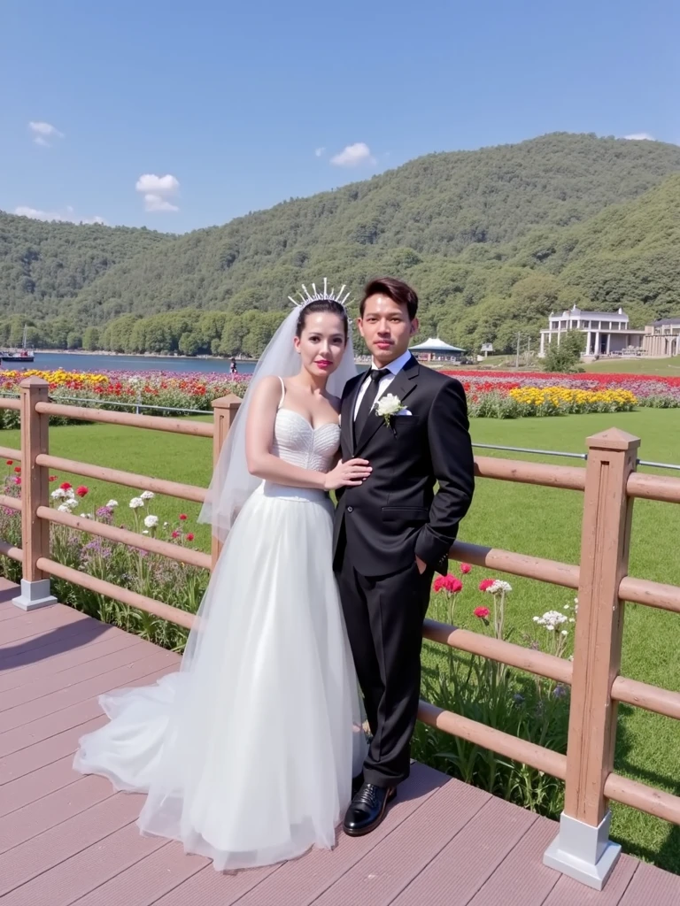 professional wedding photography, (Masterpiece), (intriciate detail), (photorealestic:1.3), (film grain:1.3), (perfect anatomia:1.3), break, Peru, at Machu Picchu, break, a romantic photoshoot of a handsome man and cute woman couple), wearing elegant outfits