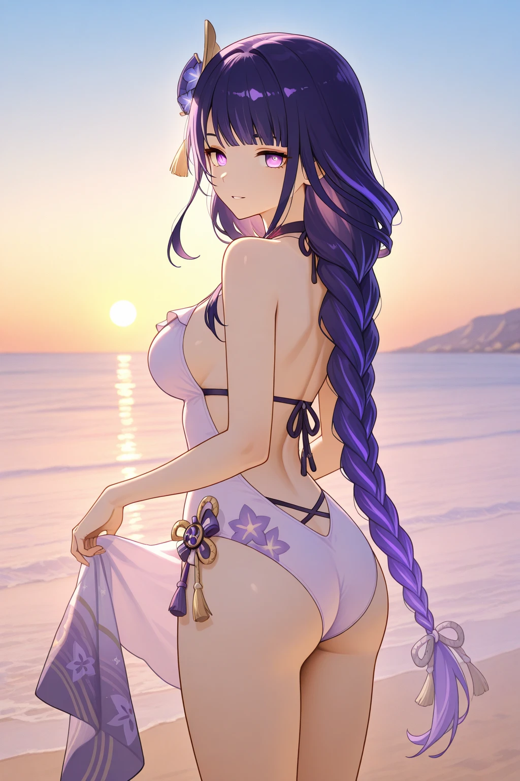 unicorn, azur lane, official art, on the beach, game cg, anime screencap, shiny skin, back shot, kneeling, low angle, large ass, looking back, embarrassed, blush, white panties, white dress, cameltoe