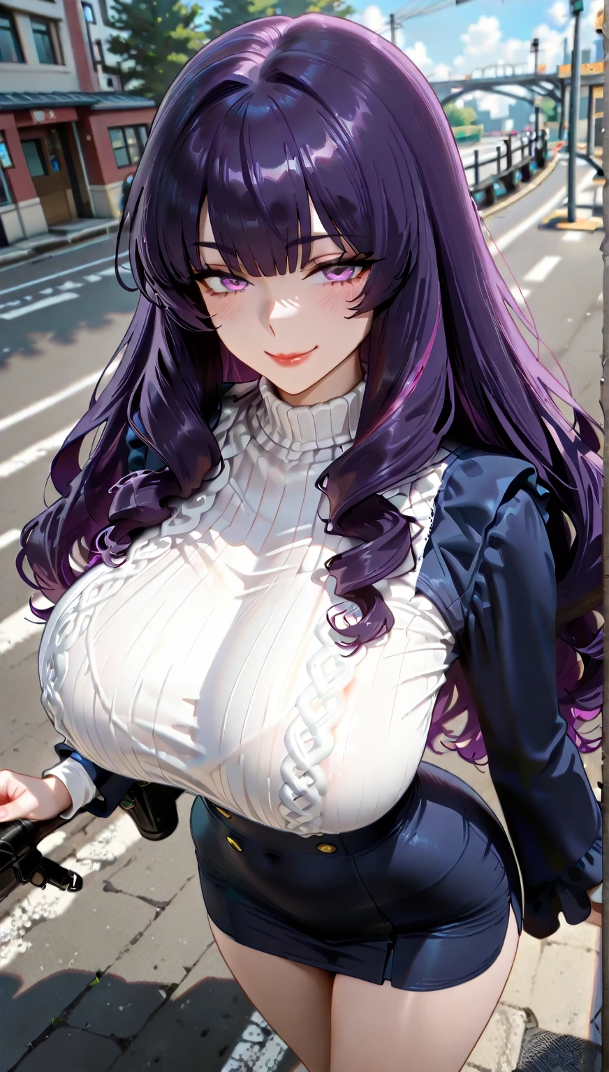 1 girl, standing alone, long hair, gazing at viewer, ssmile, breasts big, chemise, mitts, neckleace, bared shoulders, jewerly, purples eyes, cabelo roxo, pantyhose, aretes, shorts, oculos de sol, Glasses on the head, purple backdrop, round glasses, purple mitts, 