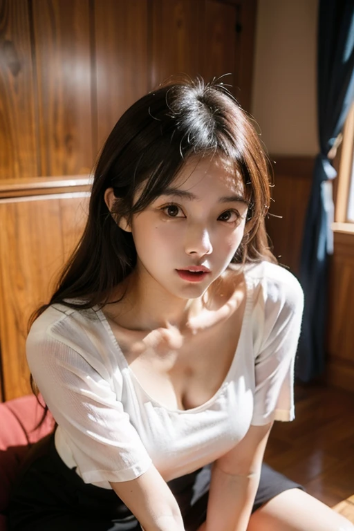 Lens reflection, (8k, raw, professional, best quality, masterpiece: 1.2), (realistic, photorealistic: 1.37), very detailed, (25mm wide angle portrait), (the most sensitive skin: 1.2), very detailed 얼굴, movie lights, 1 girl, There are tears in my eyes, very sad expression, crying, curly black hair, sit on the bed, dark light, looking at the camera, big bust, wearing a white shirt, Naked shirt, The cleavage is visible, bare one's shoulders, short pants