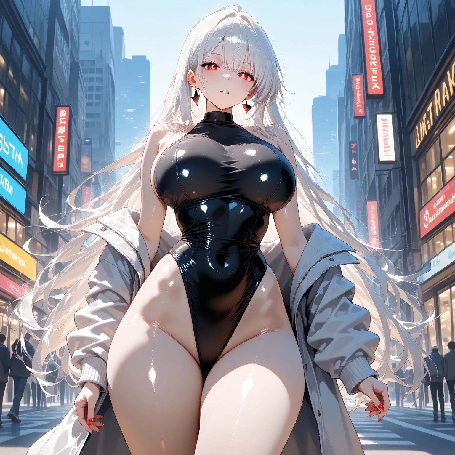 ((Extreme detail)),(ultra- detailed),Extremely detailed CG Unity 8k wallpaper,bestbestquality,purah_totk,tight clothes,posing in,Cowboy shots,lens flare。Fat girl。Her height is around 5 feet 2 inches(157 cm),with a huge mommy body。Her skin tone is fair and smooth,Make her look older。In terms of the five senses,Has a soft and gentle face。She has a slender nose,Her lips are naturally pink,Slightly full。Her eyebrows are well-shaped,The arch is neat,Outline beautiful eyes。Her are huge,Good shape。They are huge,You can see the outline overall,Her appearance is characterized by her serene and kind expression,Represents her gentle nature。She has short white hair and red eyes。A sexy girl with huge and thick body wearing a tight suit,You can see all her curves and nipple contours。She is thick with plump fat and huge,Her suit is very, very tight,Covered her entire body,You can see all her curves and body。The full body suit is tight,Her whole body can be seen。A tentacle man holds a four-tentacle girl behind his back,female goddess,Royal sister,slimes,Parasitic engulfing,mucus,disgusting,,Blushing and shy,huge ,Super tall female monster,A female monster standing by a tall building,A female monster who is comparable to a tall building giant,Female monsters,Giant Banshee,Behemoth,A huge sense of oppression ,Terrifying and glamorous,High-altitude vista view