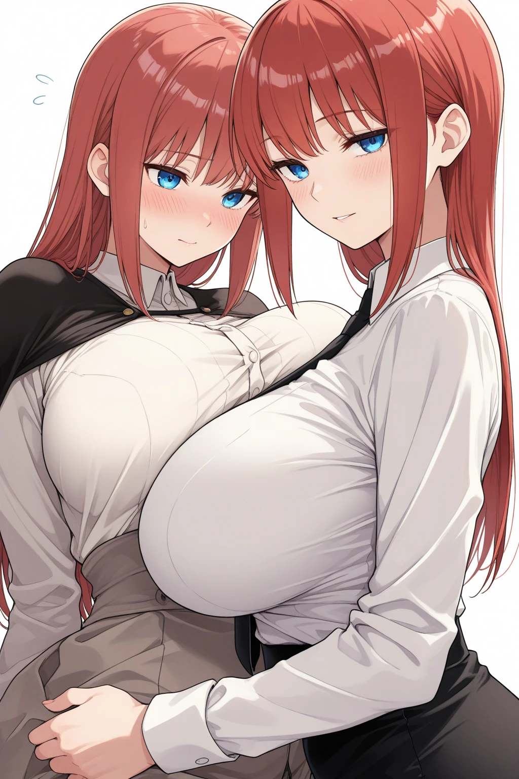 2heads, a giant thin woman with 2 heads. She has massive breasts. She is laying down on her back, on a bed. Her breasts are enormous. She is naked. Nude. She has gigantic breasts. She looks spunky. She looks flirtatious. She is seductive. She has huge breasts. She has long curly orange hair. Ginger. She is blushing. She has freckles. Many freckles all over body. POV sex.