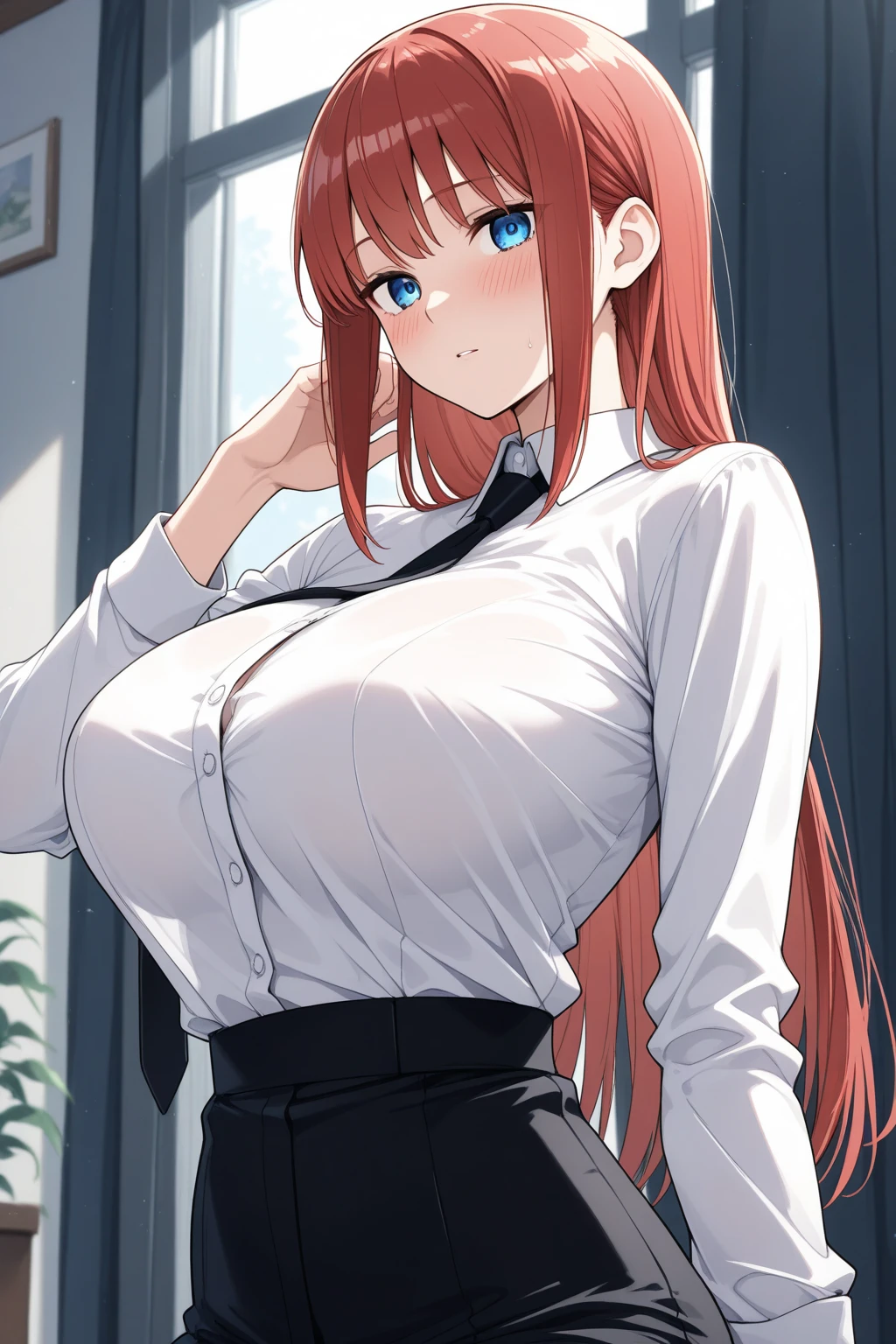 woman,Red hair,Twin tails,Angry face,blush,Big Breasts,Thick thighs,White dress shirt on upper body,The lower body is a black tight skirt,Sweaty,She is wearing a see-through purple bra.