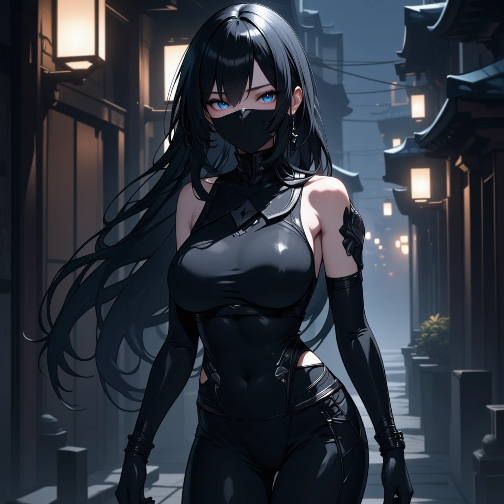 1 Girl, (Well-proportioned body), (Solitary), 19 years old, HDR, Set, 华 莲 stands in the semi-darkness of a ruined building surrounded by opponents. Her black robe clung to her body., As if with a shadow, The golden pattern on the mask glitters in the dim light. sharp, The elegant blade gleams in her hand.