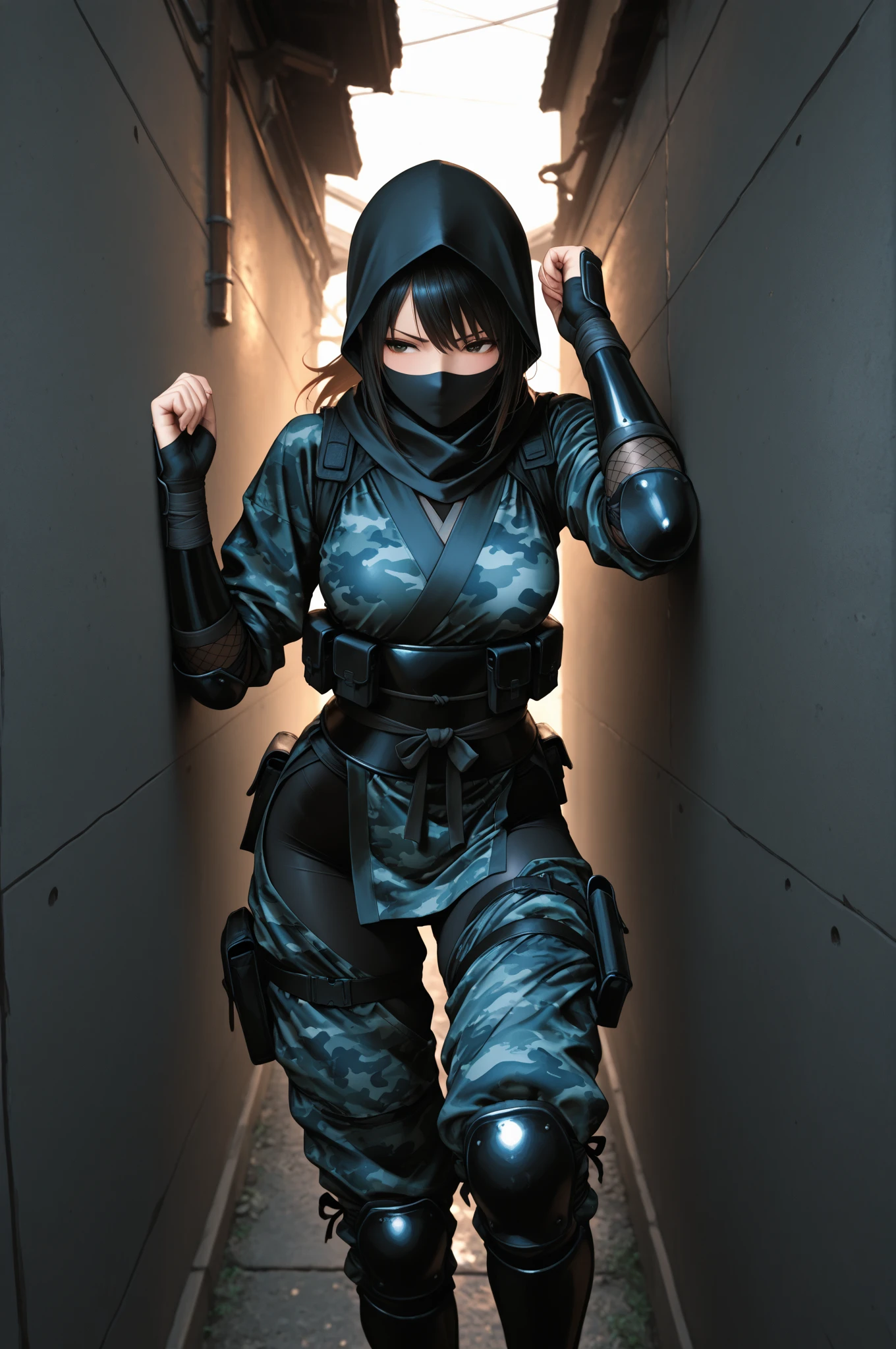 (medium full shot) of (vivacious young woman:1.1) chinese ninja, black hair, hime haircut, dark brown eyes, slender,             wearing Urban gray bodysuit with built-in gadgets, tactical vest, ninja mask, combat boots scared at the viewer,  she's running toward the viewer,  .set in  Stealth Training Room, Darkened space with obstacles courses, low-hanging ropes, balance beams, students practicing stealth techniques, shadows dancing on the walls, and occasional whispers of instruction from trainers  . ,Masterpiece,best quality, photorealistic, amazing quality, very aesthetic, extremely detailed face,